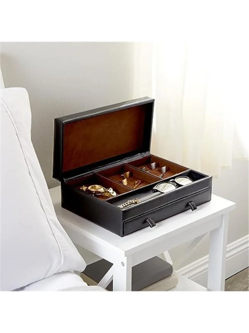 Jewelry Box Organizer and Holder - Black Watch Box with Leather Valet
